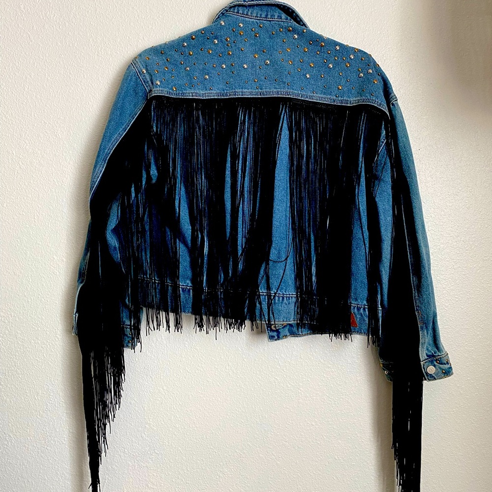 A Brand jeans denim jacket with fringe and studs tags attached